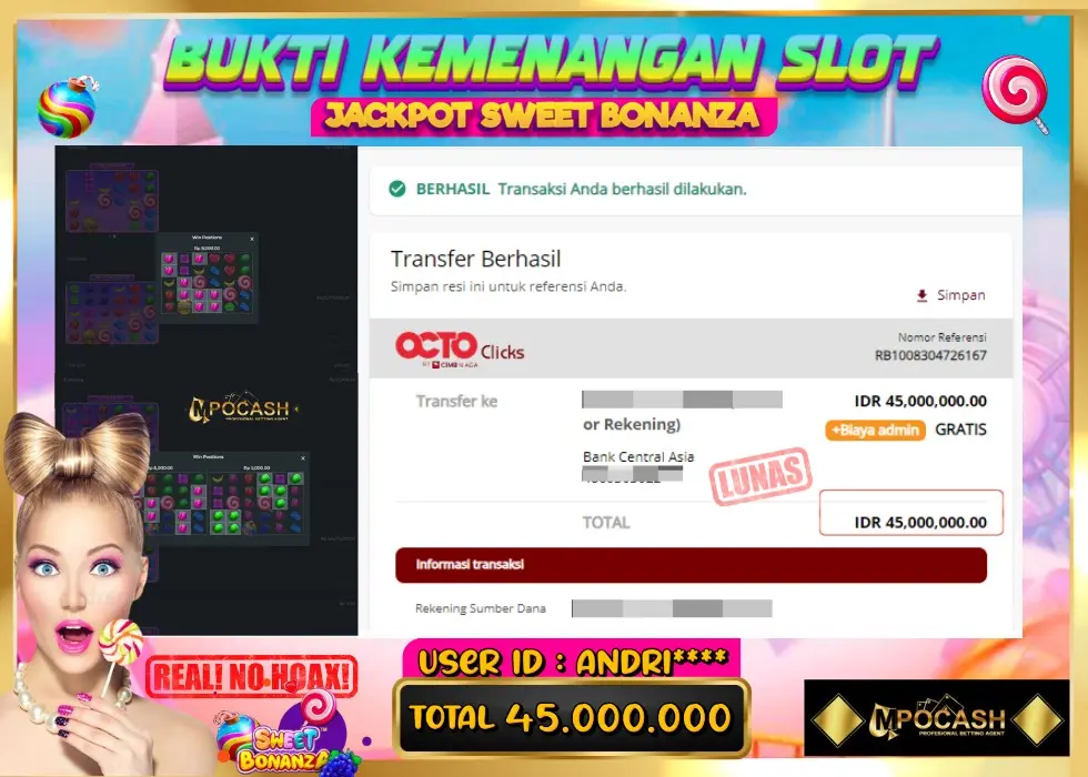MPOCASH JACKPOT SLOT SWEET BONANZA Rp 45.000.000 - LUNAS!!!