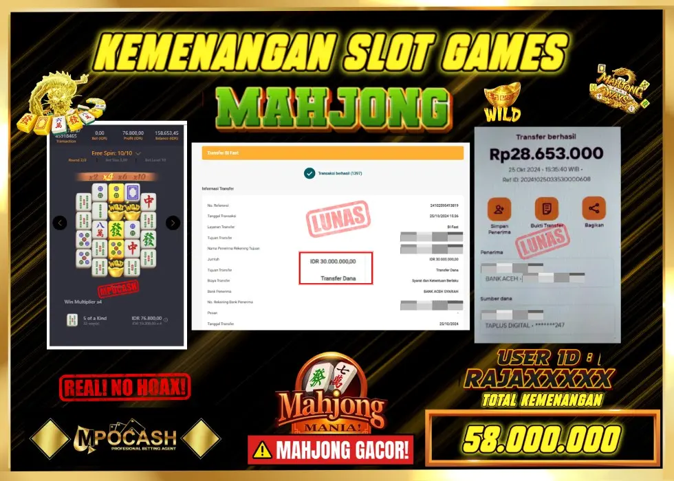 MPOCASH JACKPOT SLOT MAHJONG 2 Rp 58.653.000 - LUNAS!!!